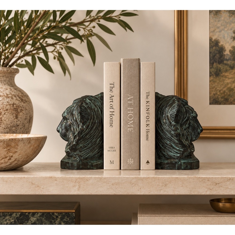 Vintage Lion Head Bookends Verdigris Patina Bronze Style Made in Korea Pair